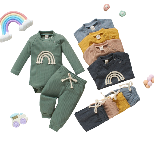 Rainbow Print Plaid Knitted Long Sleeve Rompers+Pants 2pcs Casual Outfits for Toddler Infant Baby Boy Girls