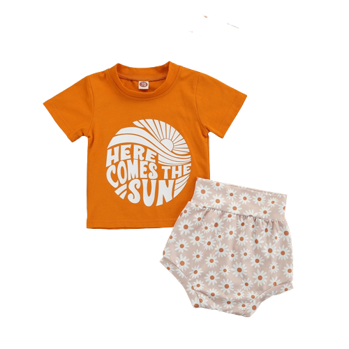Adorable Baby Boys and Girls Summer 3pcs Outfits Sets with Short Sleeve Letter Print T-shirts, Floral High Waist Shorts, and Headband.