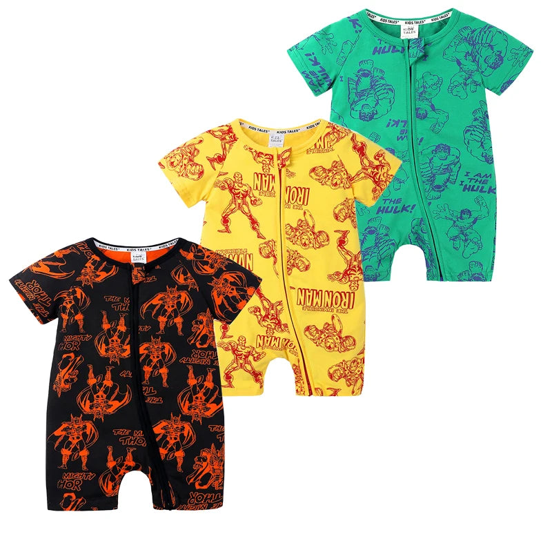 3PCS 100% Cotton Baby Rompers: Cartoon-Printed Infant Bodysuits for Summer