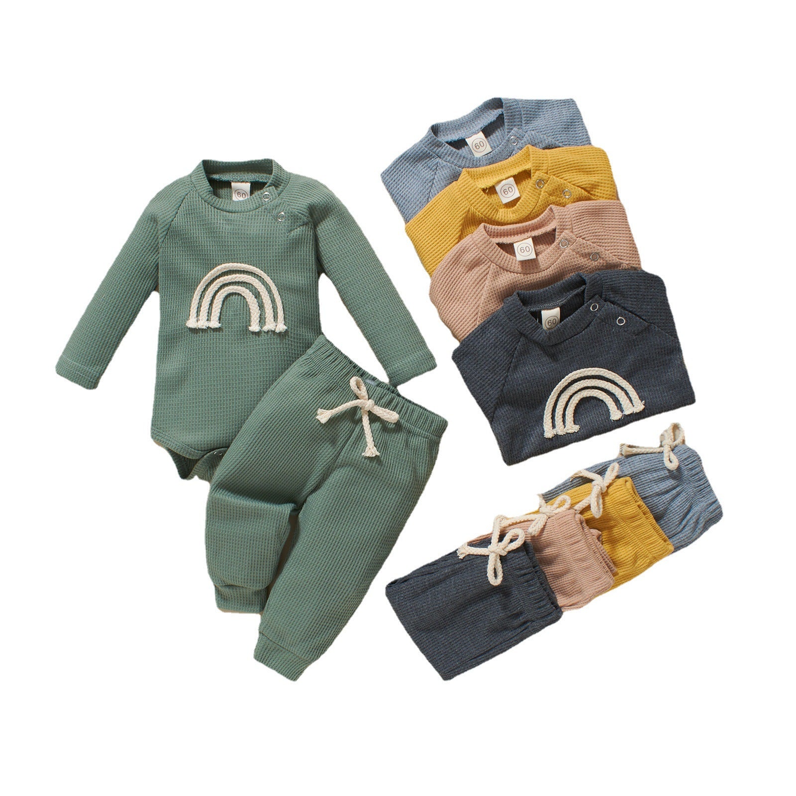 Rainbow Print Plaid Knitted Long Sleeve Rompers+Pants 2pcs Casual Outfits for Toddler Infant Baby Boy Girls