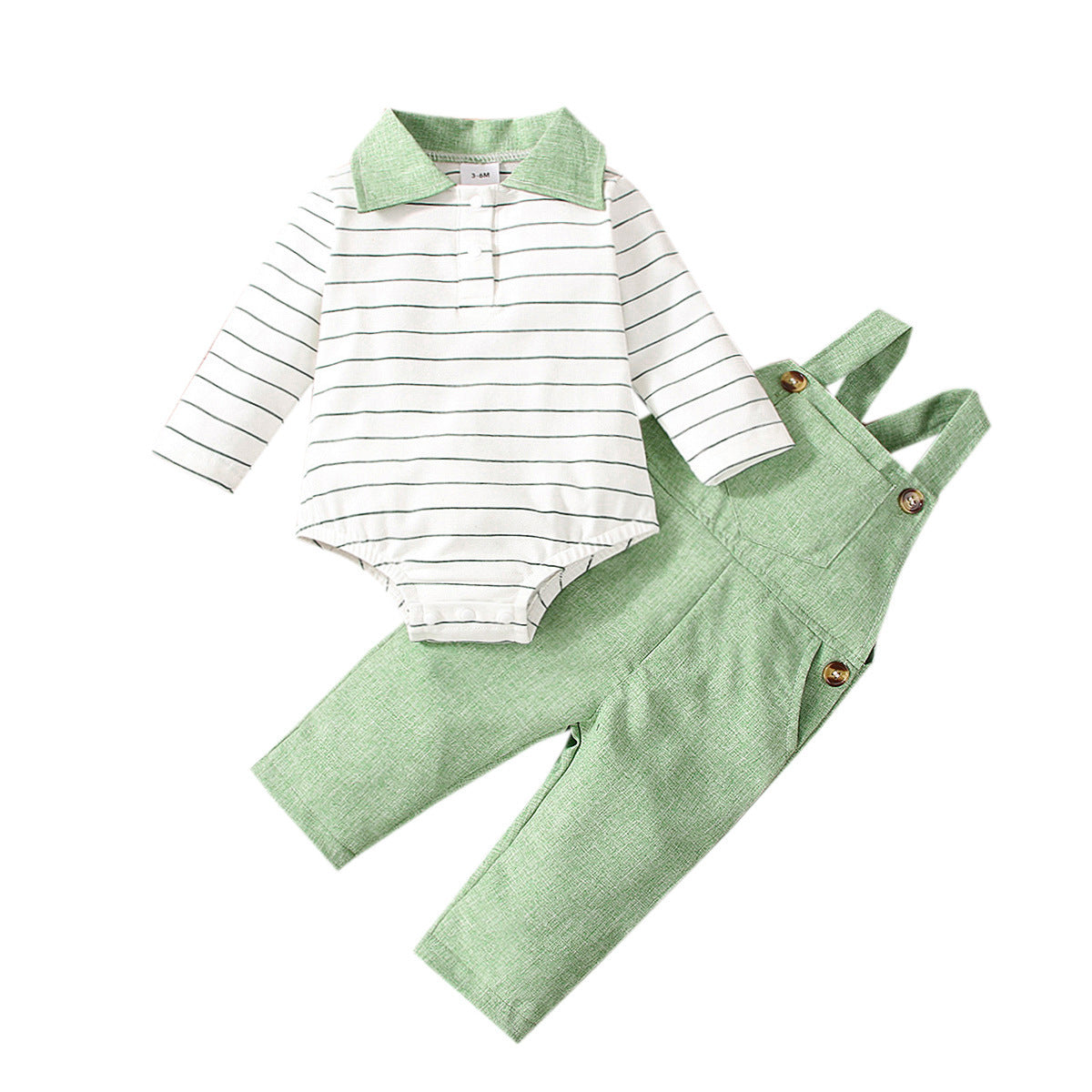 Hot Sale Baby Boys Clothes Set: Striped Bodysuit+Green Overalls