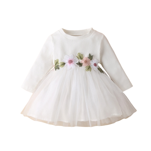 Infant Baby Girls Princess Dress: Long Sleeve Knitted Ribbed Flower Embroidery Lace Patchwork Layered Tutu Dress