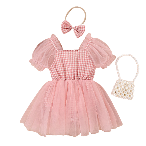 Sweet Mesh Plaid Dress for Kids Girls Summer Outfit
