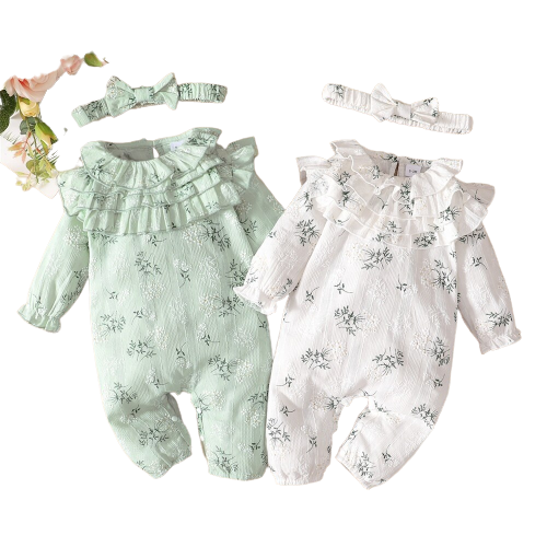 Baby Girl Romper with Flowers and Lotus Leaf Design
