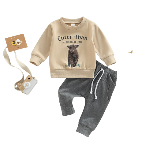Western Cowboy Style Baby Boy Clothes Set - Cow Print Sweatshirt and Drawstring Pants