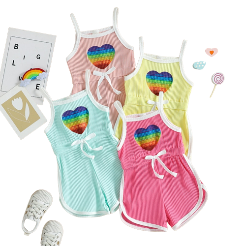 Adorable Summer Jumpsuits for Kids Girls: Heart Print Strap Playsuits