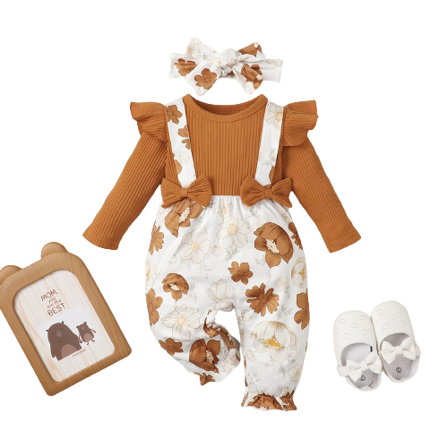Adorable Floral Printed Baby Girl Jumpsuit with Bow Tie and Long Sleeves