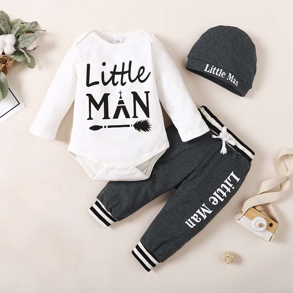 3-18M 3pcs Newborn Baby Boy Clothes Set - Long Sleeve Jumpsuit, Pants, and Romper