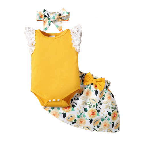 Newborn Baby Clothes Summer Sets For Girls Lace Sleeve Romper+Bow Skirts 3pcs Toddler Girls Outfits Suit