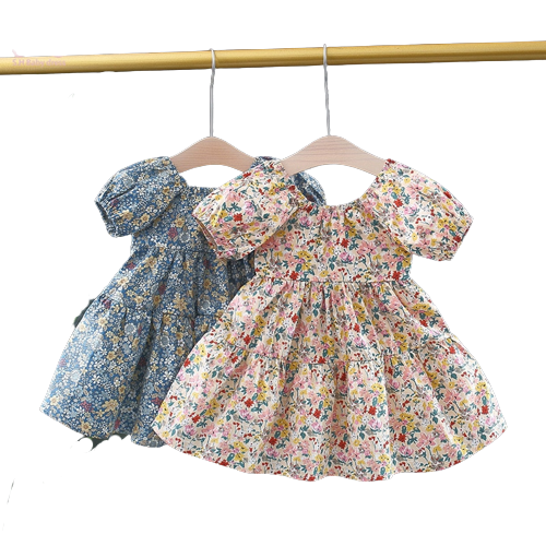 Retro Floral Baby Girl Summer Dress with Puff Sleeves and Backless Design