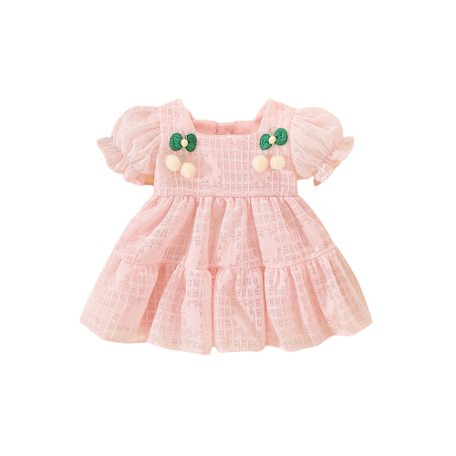 Sweet Baby Girls Puff Sleeve Dresses Cherry Solid Color Party Evening Dress