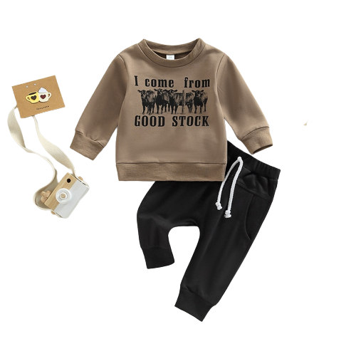 Rustic Style Baby Boy Clothes: Cow Print Sweatshirt and Drawstring Pants Set