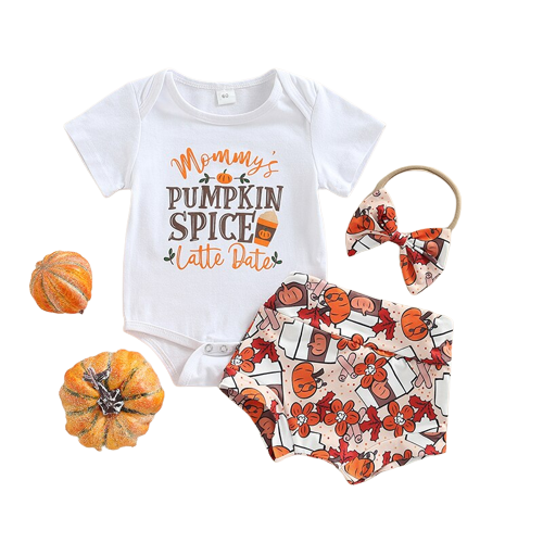 Cute Halloween Baby Girl Clothes Set - Pumpkin/Letter Print Bodysuits, Shorts, Headband