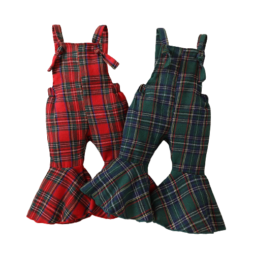 Festive Plaid Printed Suspender Pants for Girls