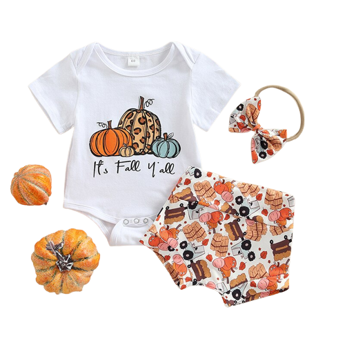 Adorable Halloween Baby Girl Clothes Set - Pumpkin/Letter Print Bodysuits, Shorts and Headband