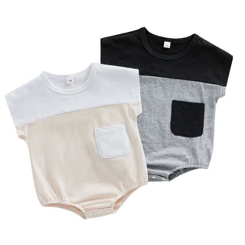 Summer Newborn Baby Boys Girls Cotton Rompers with Patchwork Color and Pockets