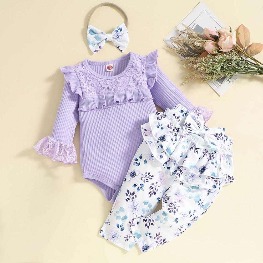 0-2Y Newborn Baby Girl Outfit Long-Sleeved Autumn Winter Romper Print Pants Headband 3Pcs Set Toddler Infant Costume