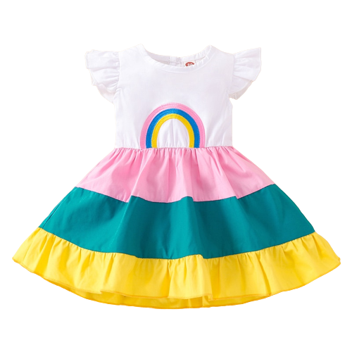 Summer Rainbow Embroidered Baby Girl Dress with Ruffles