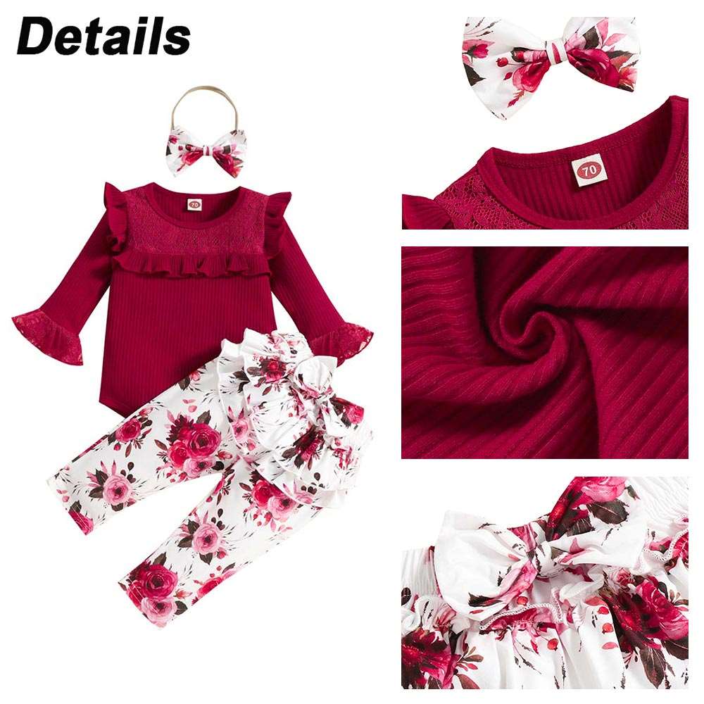 0-2Y Newborn Baby Girl Outfit Long-Sleeved Autumn Winter Romper Print Pants Headband 3Pcs Set Toddler Infant Costume