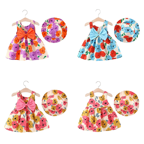 Sweet Summer Flower Baby Girl Dress Set with Bow and Hat