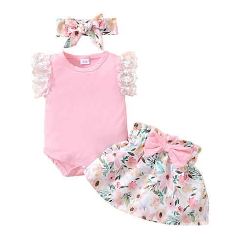 Newborn Baby Clothes Summer Sets For Girls Lace Sleeve Romper+Bow Skirts 3pcs Toddler Girls Outfits Suit
