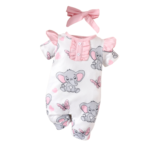 Adorable Elephant Print Baby Girl Romper Set for Spring/Summer