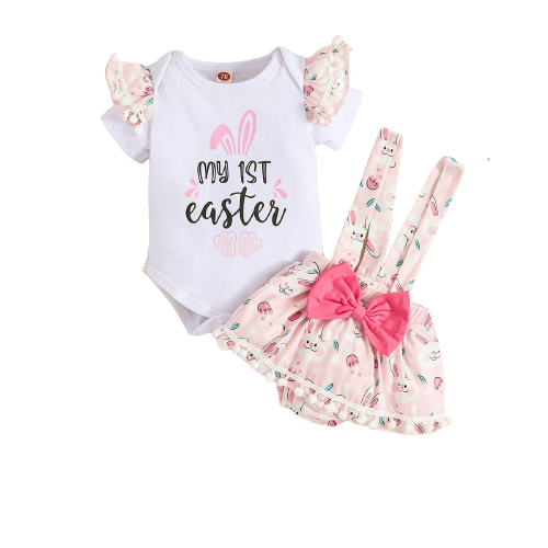 My First Easter" Baby Clothing Set for Girls: Rabbit Romper and Layered Floral Bodysuit