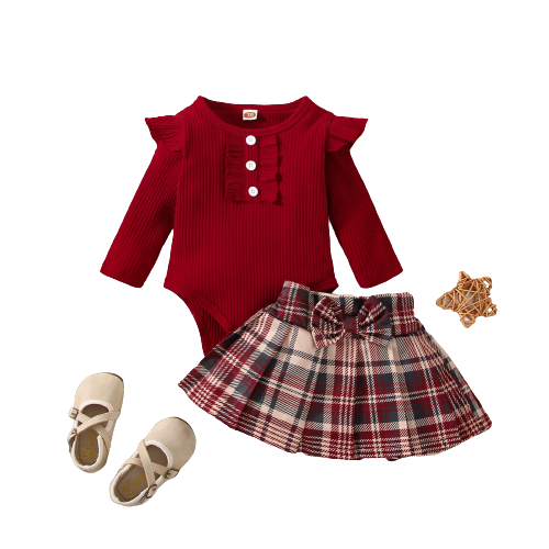 Baby Girl Outfit Sets - Pink Dots Lace Romper+Layered Denim Skirts