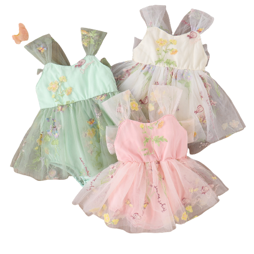 Baby Girl Princess Romper Dress with Floral Embroidery and Lace Mesh