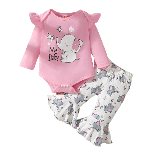 Cute Elephant Printed Baby Clothes Set for Girls