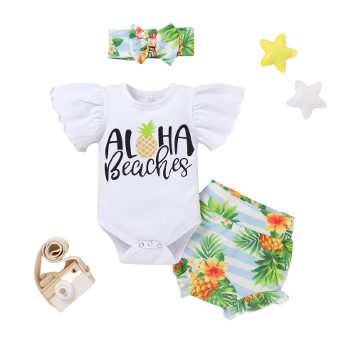 Summer Baby Girl Outfit Sets with Ruffles Sleeve Printed Bodysuit and Cartoon Lobster PP Pants