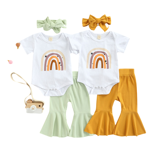 3pcs Fashion Summer Newborn Baby Girls Boys Clothes Sets Rainbow Print Short Sleeve Rompers Tops+Ribbed Knitted Flare Long Pants