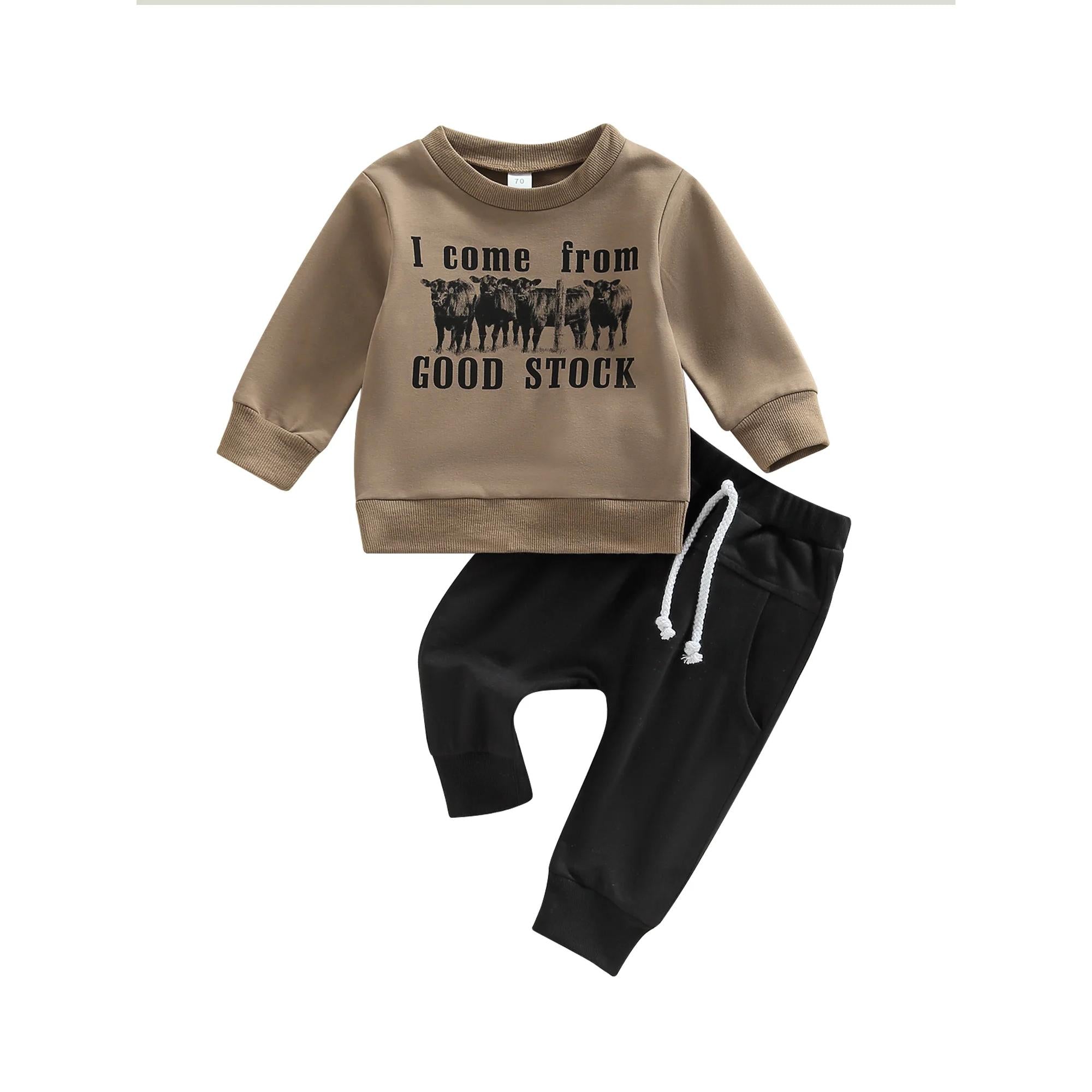 Rustic Style Baby Boy Clothes: Cow Print Sweatshirt and Drawstring Pants Set