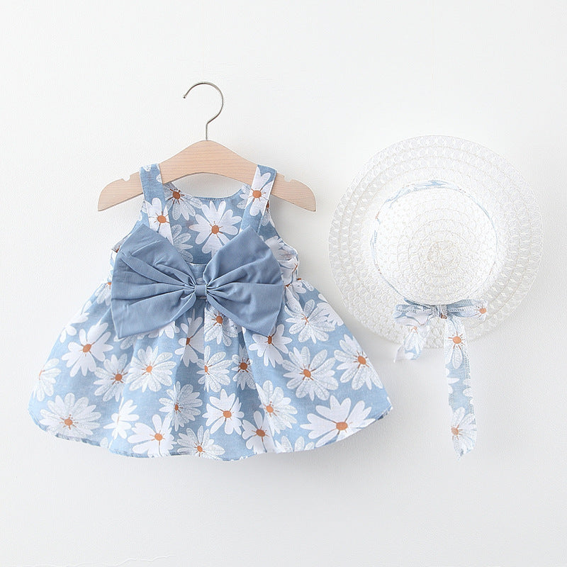 Korean Treasure Printed Baby Girl Sling Dress with Bowknot and Free Hat