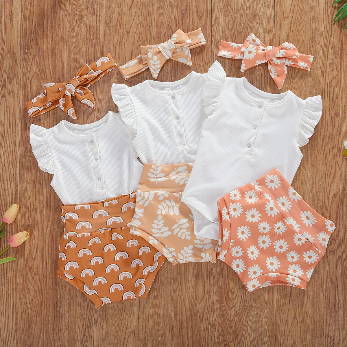 Infant And Toddler Suits Baby Girl Dark Button White Top Printed Shorts Suit Thre-piece Set - BabbeZz