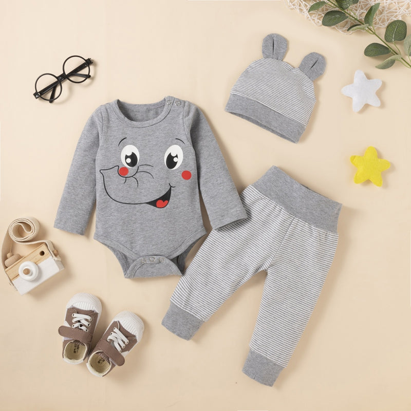 Cute Cartoon Animal Elephant Print Long Sleeve and Trouser Set for Baby