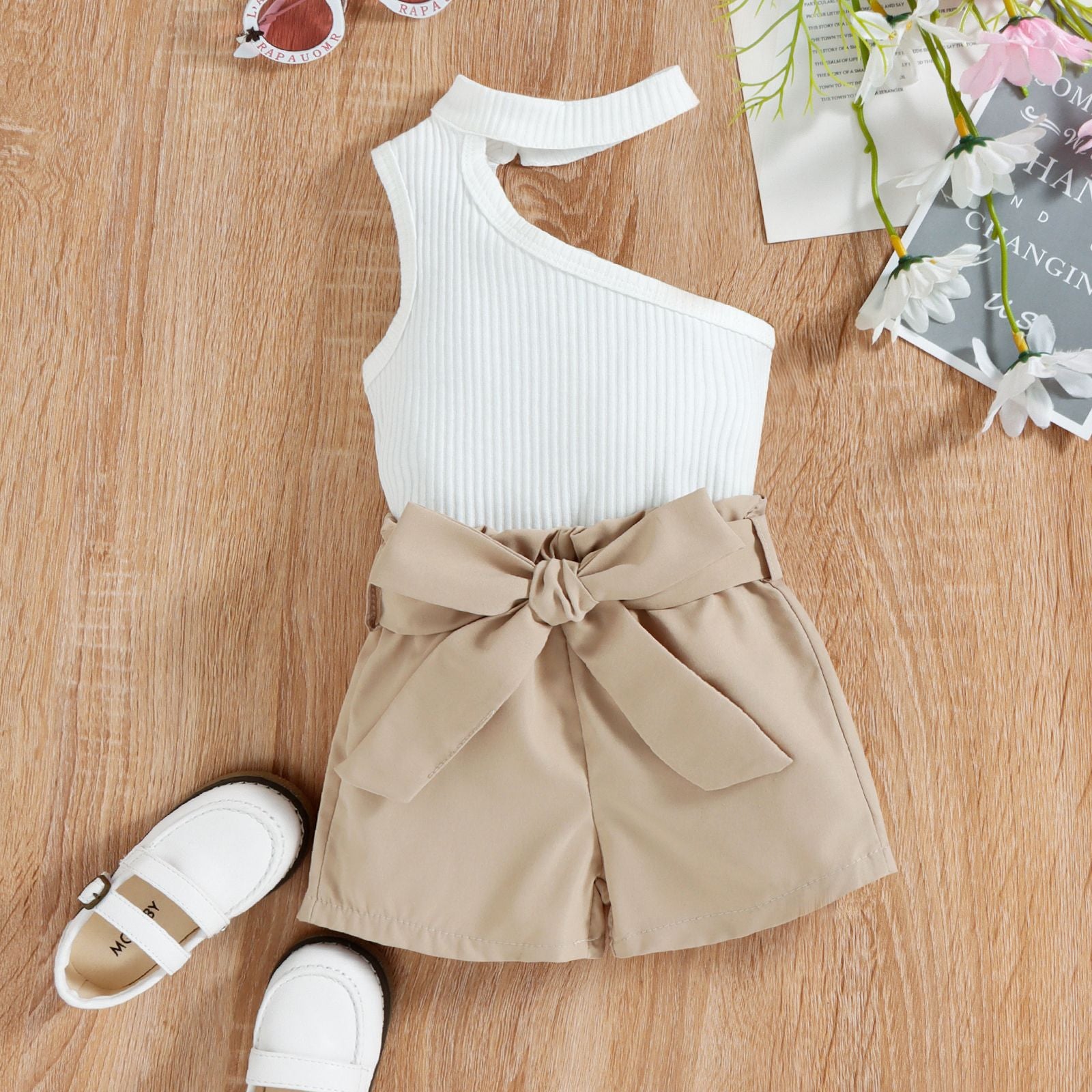 Sleeveless Slanted Shoulder Bow Shorts Girls Suit - BabbeZz