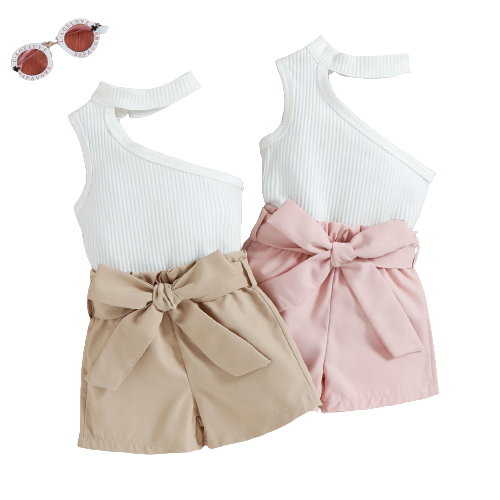 Adorable Sleeveless Slanted Shoulder Bow Shorts Girls Suit