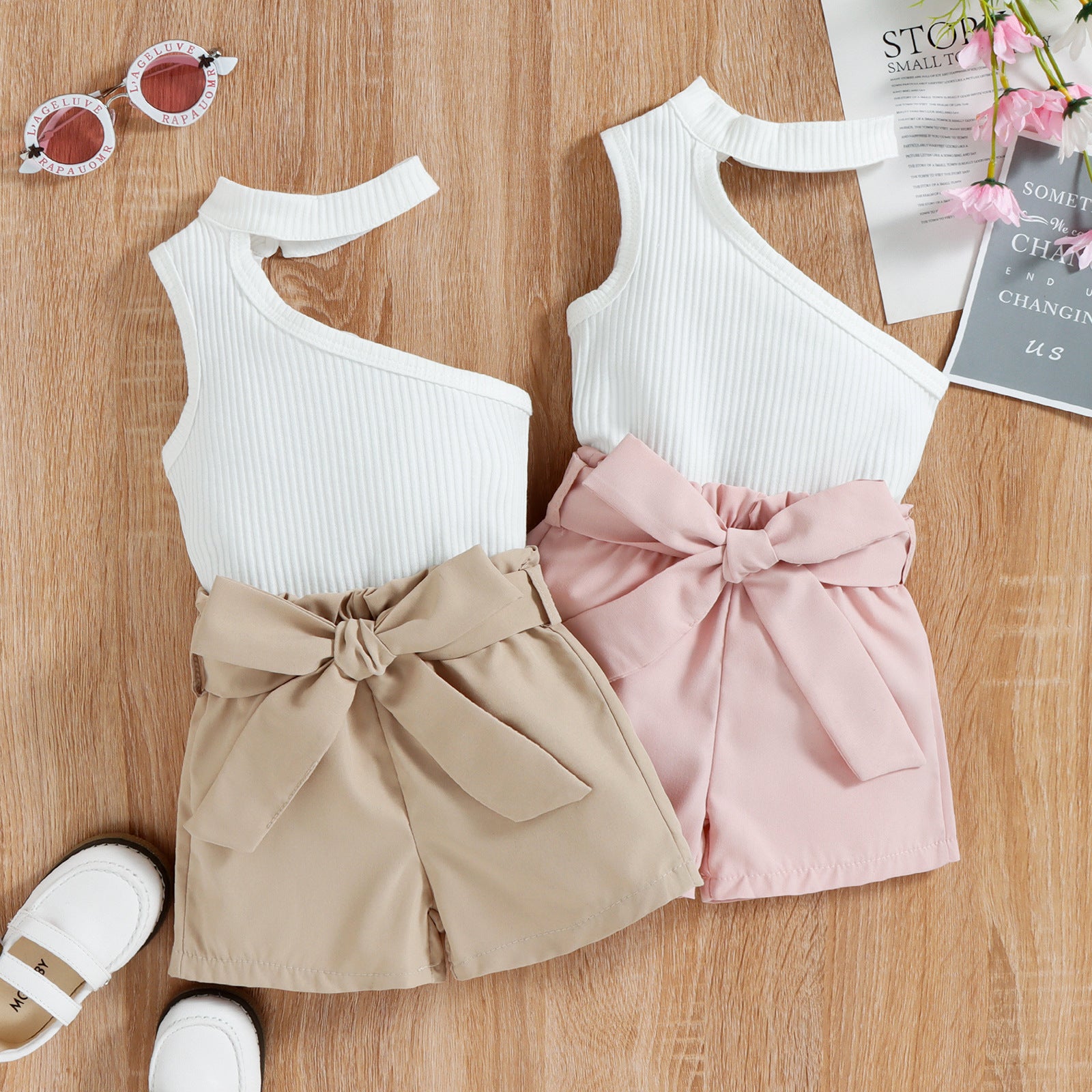 Sleeveless Slanted Shoulder Bow Shorts Girls Suit - BabbeZz