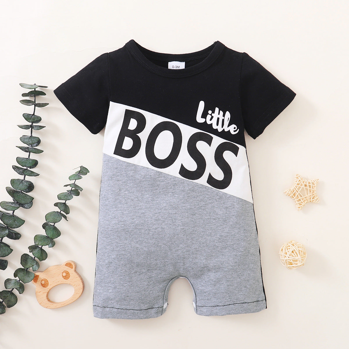 Adorable Boy's New Patchwork Boxer Romper for Playtime and Beyond