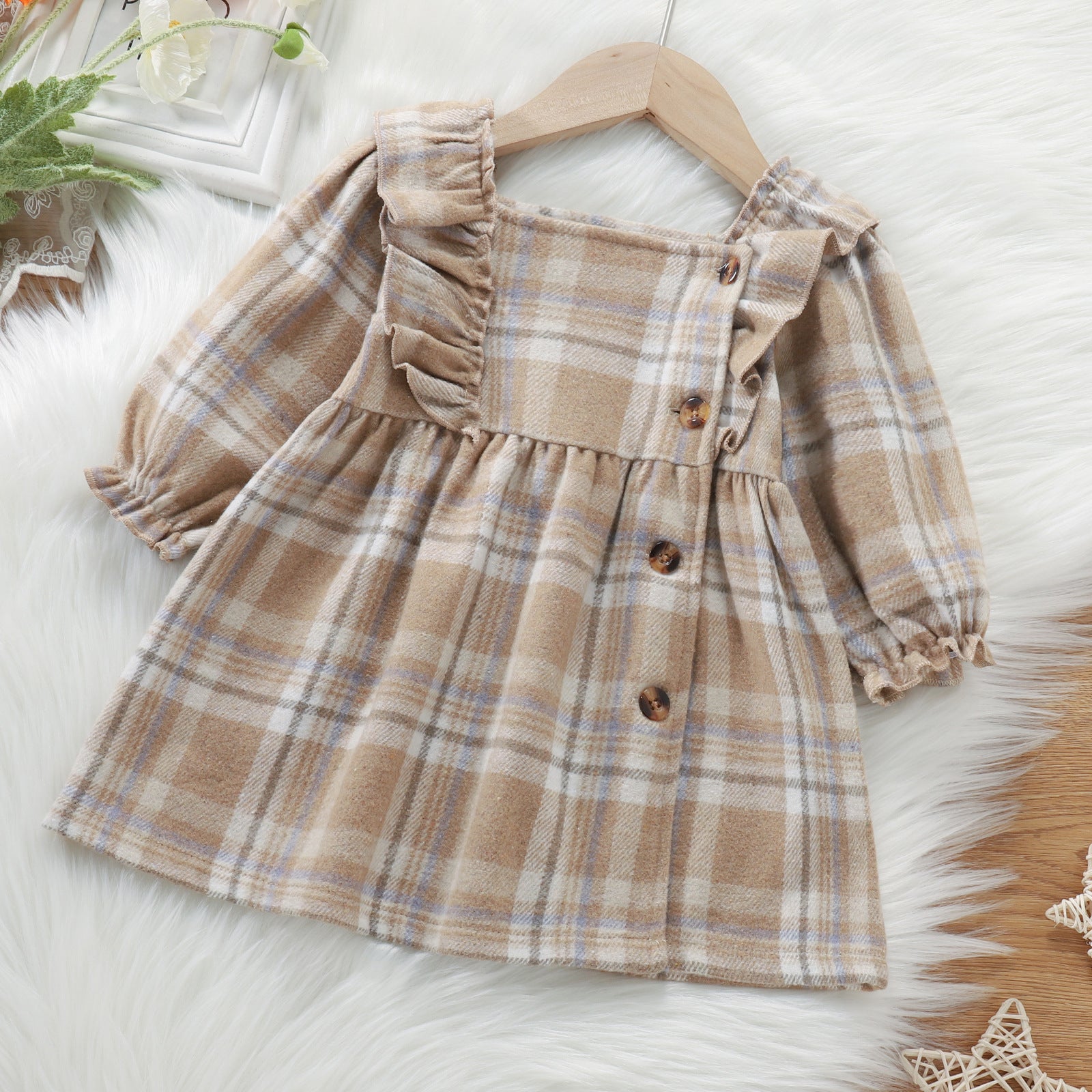 Trendy Plaid Ruffled Long Sleeved Girls Autumn Dress