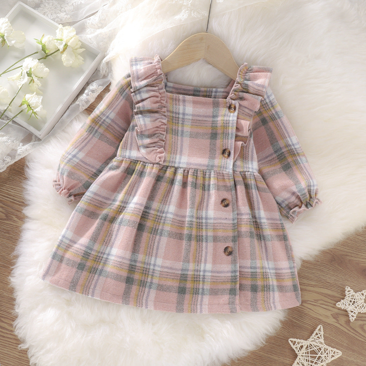 Trendy Plaid Ruffled Long Sleeved Girls Autumn Dress