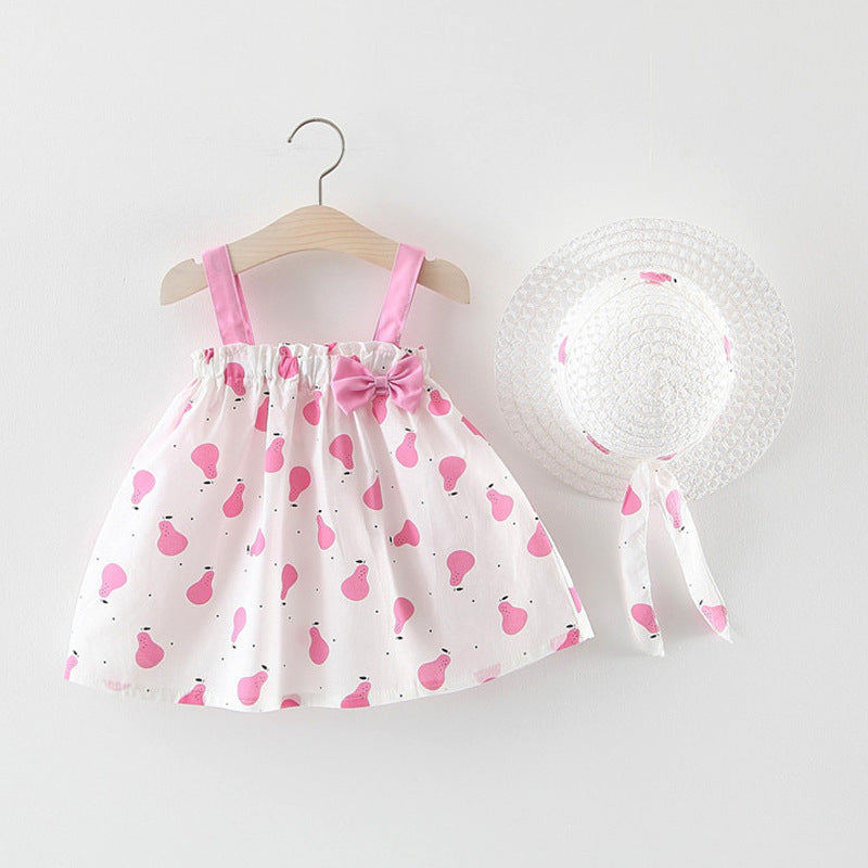 Stylish and Cute Girls' Summer Dress with Korean Print and Straw Hat - Perfect for Sunny Days