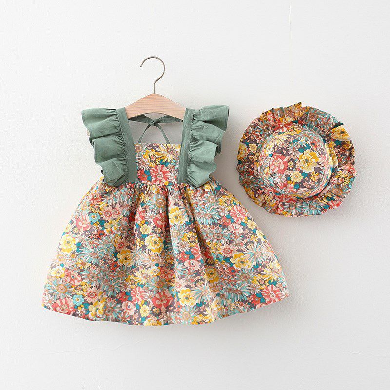 Adorable Girls' Summer Floral Dress with Flying Sleeves and Matching Hat