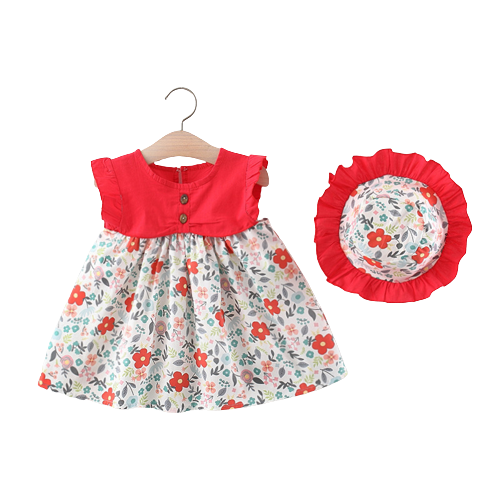 Adorable Girls' Summer Floral Dress with Flying Sleeves and Matching Hat