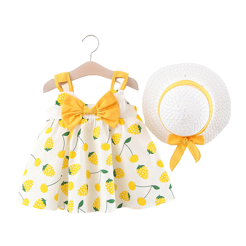 Adorable Baby Girl Big Strawberry Floral Print Dress with Matching Hat - A Sweet and Charming Outfit for Your Little One