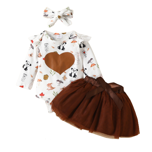 Adorable 3pcs Infant Baby Clothes Set with Animals Bodysuit and Mesh Skirt for Toddler Girls