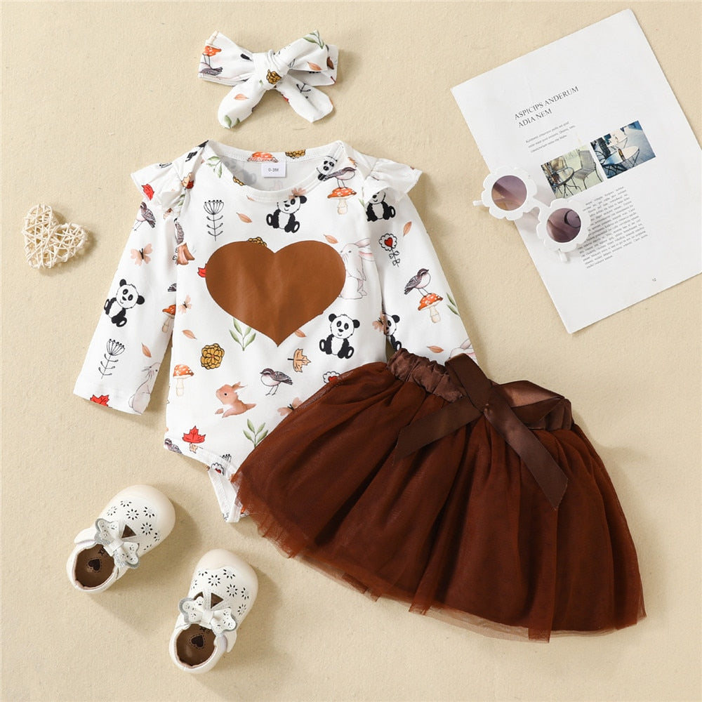 Adorable 3pcs Infant Baby Clothes Set with Animals Bodysuit and Mesh Skirt for Toddler Girls