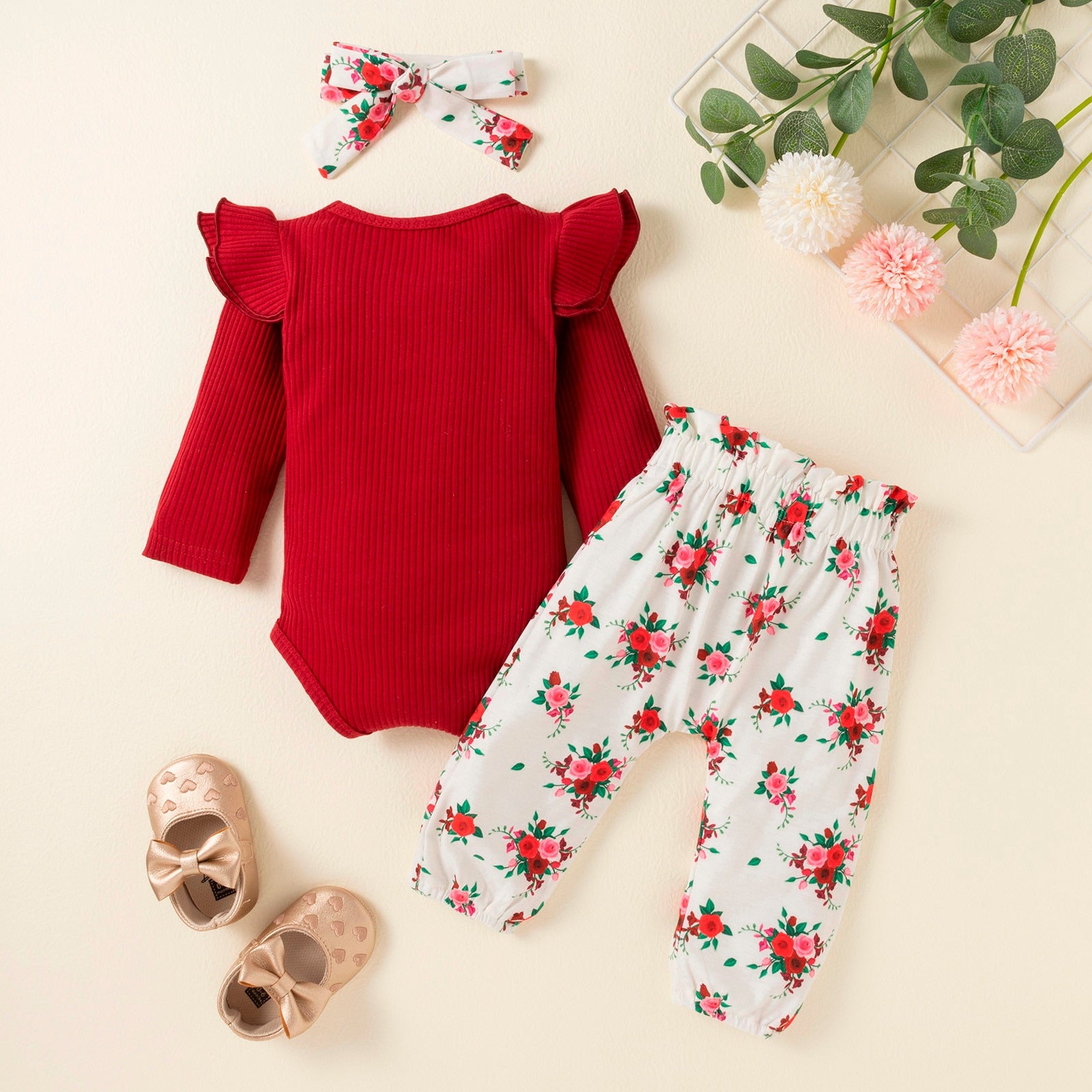 Adorable 3-Piece Infant Girl Outfit - Ribbed Bodysuit, Floral Pants and Headband Set