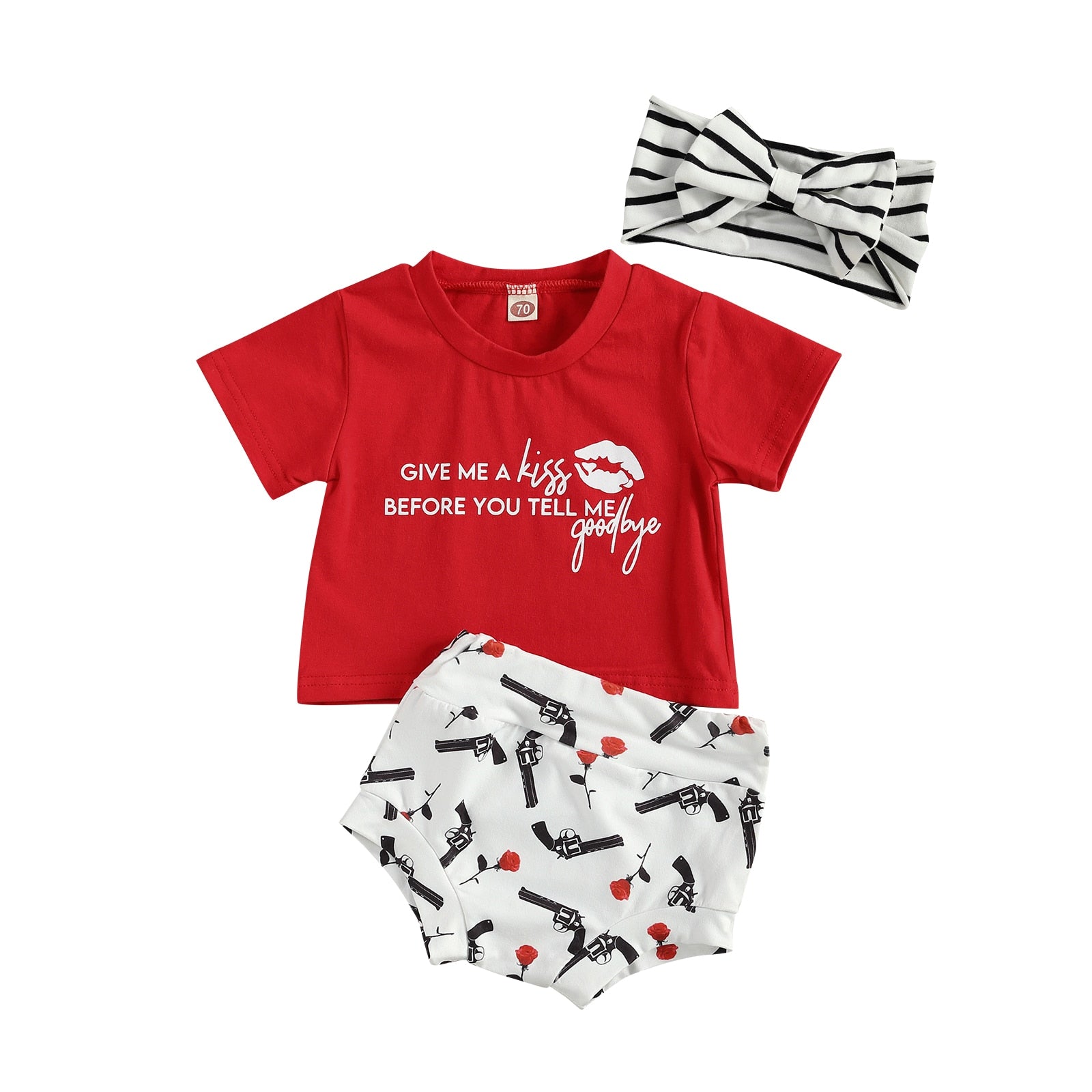 Newborn Baby Girls Summer Clothes Set: Short Sleeve Letter Print Tops+Print Shorts+Headband